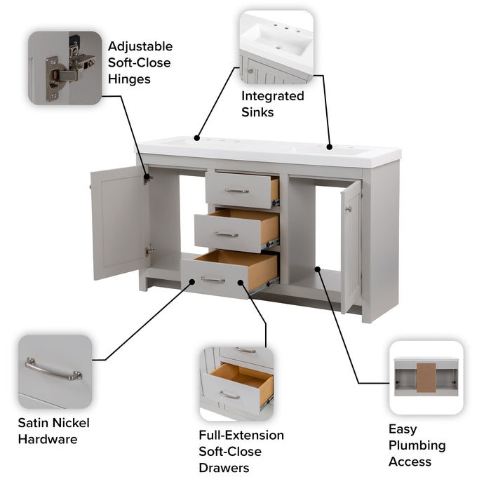 Features of 60.5 in Chamiree light gray double bathroom vanity with cabinet, 3 drawers, satin nickel hardware, white sink top