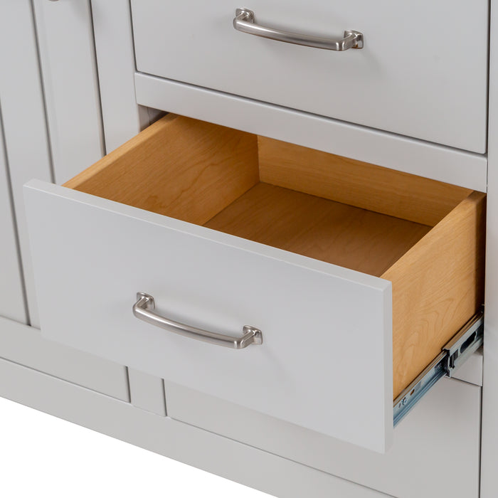 Open drawer on 60.5 in Chamiree light gray double bathroom vanity with cabinet, 3 drawers, satin nickel hardware, white sink top