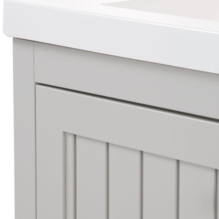 Side closeup on 60.5 in Chamiree light gray double bathroom vanity with cabinet, 3 drawers, satin nickel hardware, white sink top