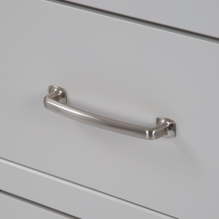 Satin nickel drawer handle on 60.5 in Chamiree light gray double bathroom vanity with cabinet, 3 drawers, satin nickel hardware, white sink top