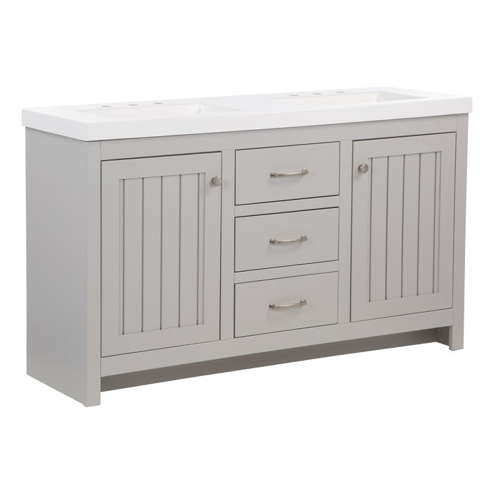 Angled view of 60.5 in Chamiree light gray double bathroom vanity with cabinet, 3 drawers, satin nickel hardware, white sink top