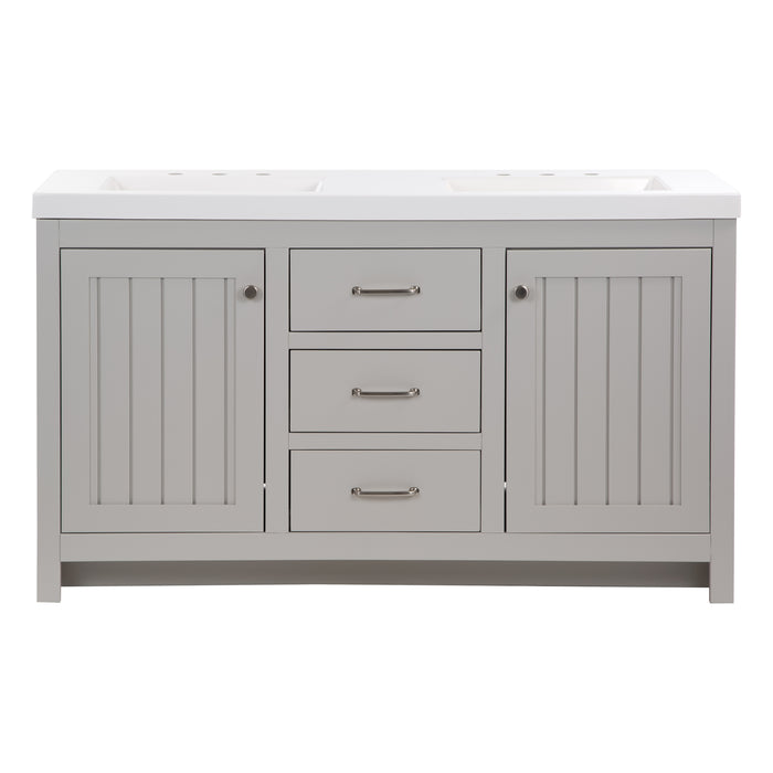 60.5 in Chamiree light gray double bathroom vanity with cabinet, 3 drawers, satin nickel hardware, white sink top