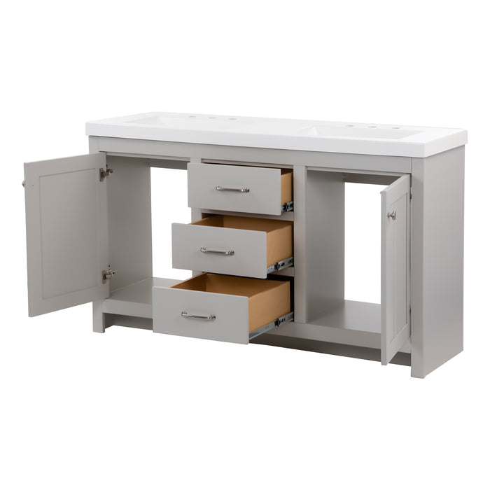 Open doors and drawers on 60.5 in Chamiree light gray double bathroom vanity with cabinet, 3 drawers, satin nickel hardware, white sink top