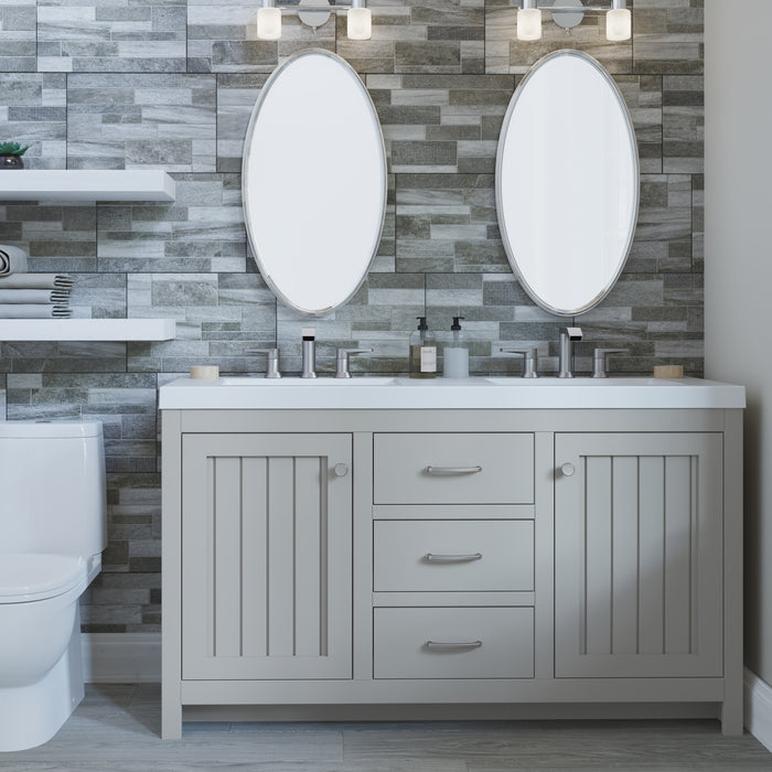 60.5 in Chamiree light gray double bathroom vanity with cabinet, 3 drawers, satin nickel hardware, white sink top installed in bathroom