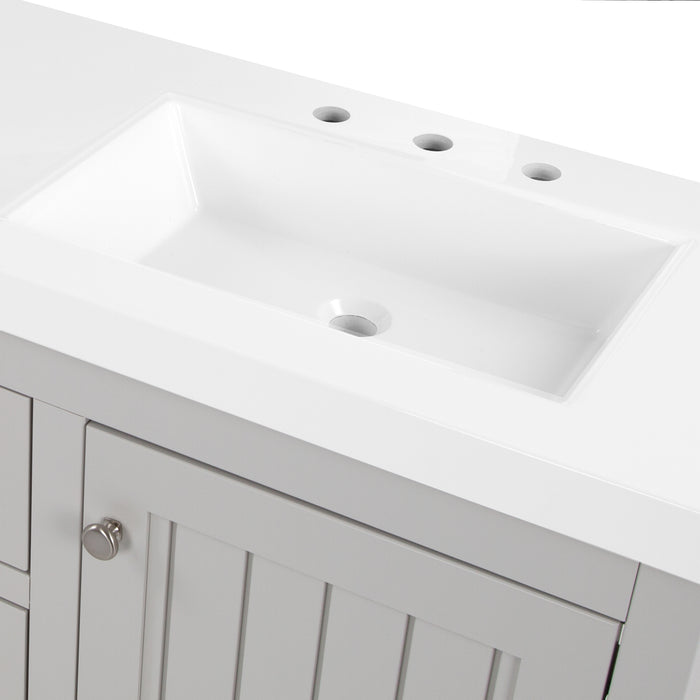 Predrilled sink top on 60.5 in Chamiree light gray double bathroom vanity with cabinet, 3 drawers, satin nickel hardware, white sink top