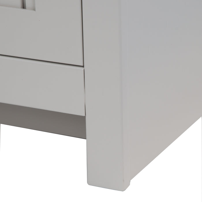 Toekick on 60.5 in Chamiree light gray double bathroom vanity with cabinet, 3 drawers, satin nickel hardware, white sink top