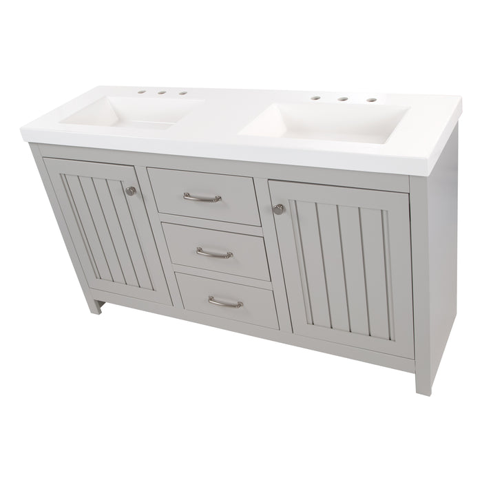 Top view of 60.5 in Chamiree light gray double bathroom vanity with cabinet, 3 drawers, satin nickel hardware, white sink top