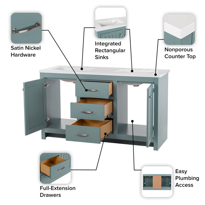 61" Double-Sink Bathroom Vanity With 2 Cabinets, 3 Drawers, and White Sink Top