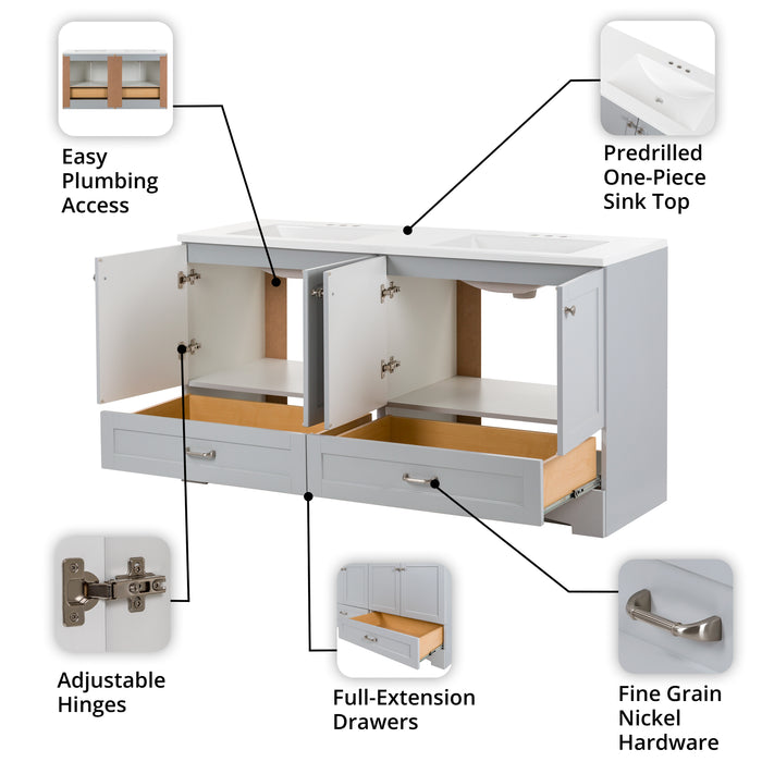 60.25" Double-Sink Bathroom Vanity With White Top