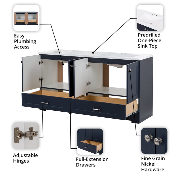 60.25" Double-Sink Bathroom Vanity With White Top