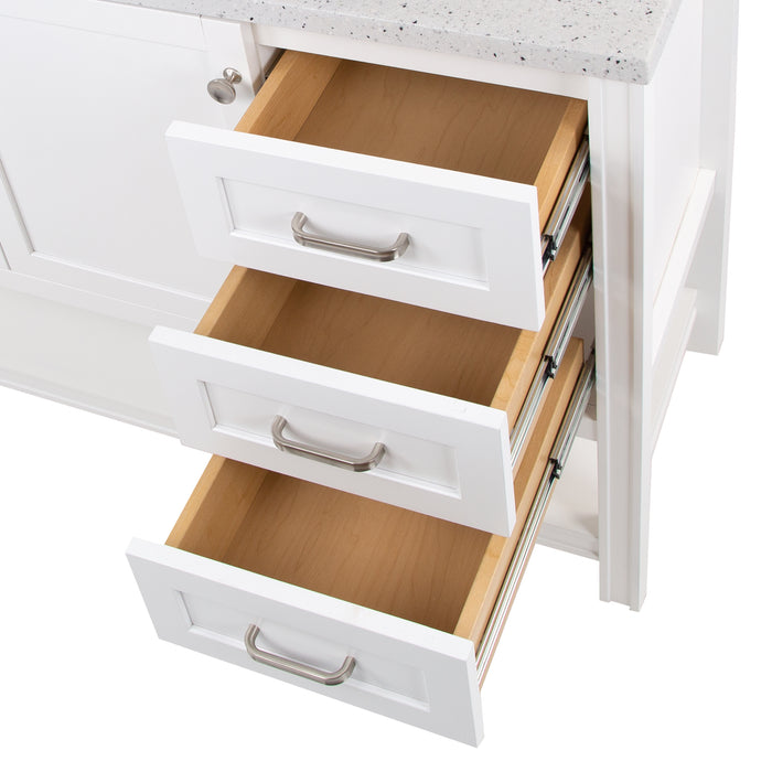 Open drawers on 48 in. Eaton white bathroom vanity with cabinet, 6 drawers, open shelf, adjustable legs, and brushed nickel handles with granite-look sink top