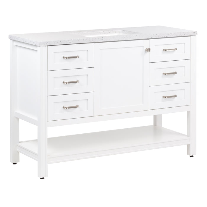 Angled view of 48 in. Eaton white bathroom vanity with cabinet, 6 drawers, open shelf, adjustable legs, and brushed nickel handles with granite-look sink top