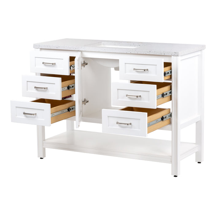 open drawers and cabinet on 48 in. Eaton white bathroom vanity with cabinet, 6 drawers, open shelf, adjustable legs, and brushed nickel handles with granite-look sink top