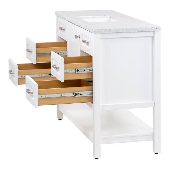 Side view with 4 lower drawers open on 48 in. Eaton white bathroom vanity with cabinet, 6 drawers, open shelf, adjustable legs, and brushed nickel handles with granite-look sink top