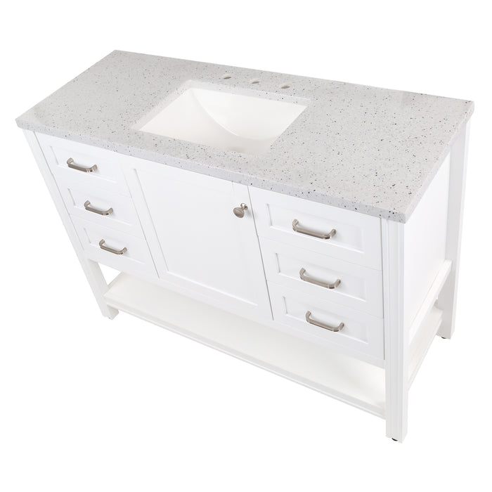 Top view of 48 in. Eaton white bathroom vanity with cabinet, 6 drawers, open shelf, adjustable legs, and brushed nickel handles with granite-look sink top