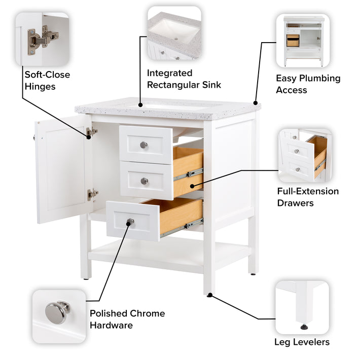 Features of Sykes 31 in white bathroom vanity with 2 drawers, open shelf, cabinet, and silver ash sink top