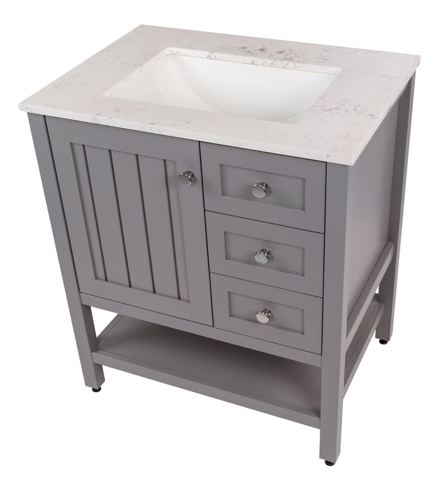 Top view of Sykes 31 in. sterling gray bathroom vanity with 2 drawers, open shelf, cabinet, and pulsar sink top