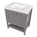 Top view of Sykes 31 in. sterling gray bathroom vanity with 2 drawers, open shelf, cabinet, and white sink top