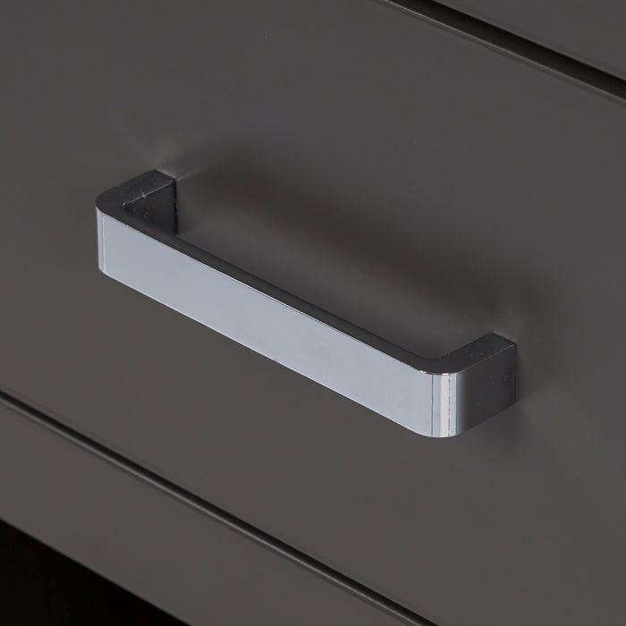 Polished chrome handle on 36.5 inch Alda gray bathroom vanity with silver ash granite-look top, polished chrome handles, 2 drawers, open shelf, adjustable legs