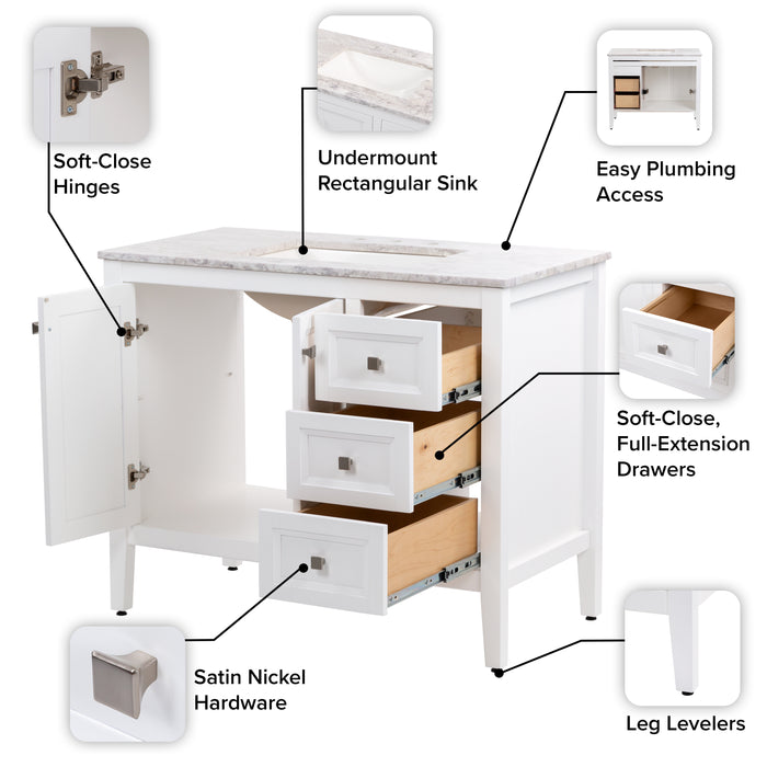 Features of Cartland 43-in white bathroom vanity with 2-door cabinet, 3 drawers, garnite-look sink top