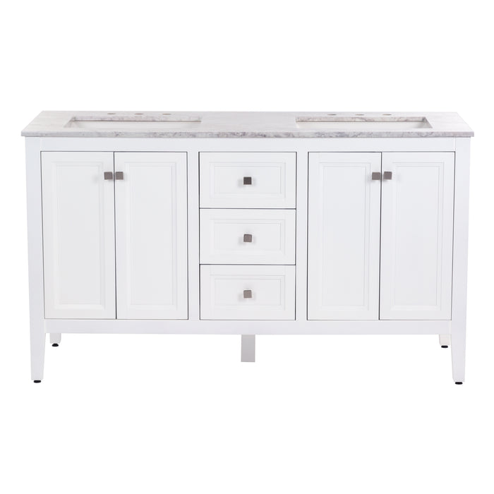 Cartland 61-in double-sink white bathroom vanity with two 2-door cabinets, 3 drawers, granite-look sink top