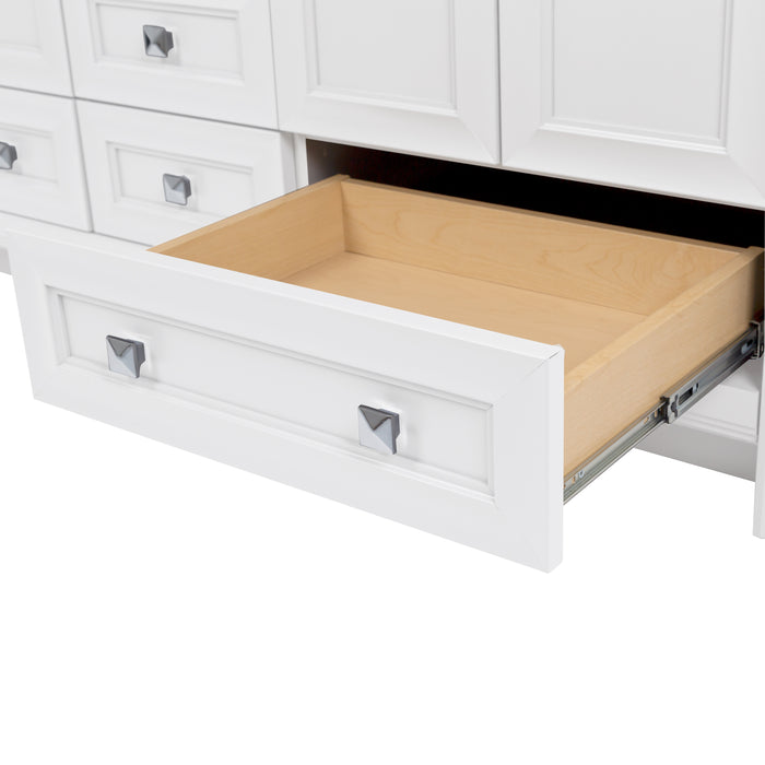 Open base drawer on Nimay 60.25-in white double-sink bathroom vanity with 2 cabinets, 6 drawers, and sink top