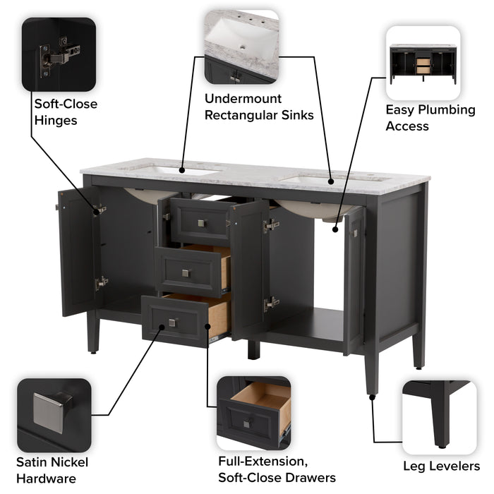 Features of Cartland 61-in double-sink gray bathroom vanity with two 2-door cabinets, 3 drawers, granite-look sink top