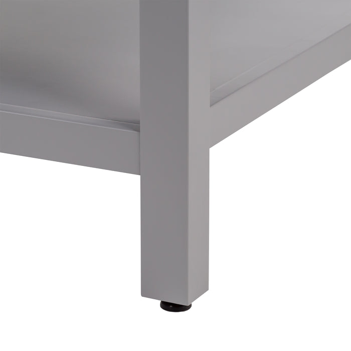 Leg with leveling foot on Elvet 49 in gray bathroom vanity with 6 drawers, cabinet, open shelf, sink top