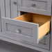 Open drawer of Elvet 49 in gray bathroom vanity with 6 drawers, cabinet, open shelf, granite-look sink top