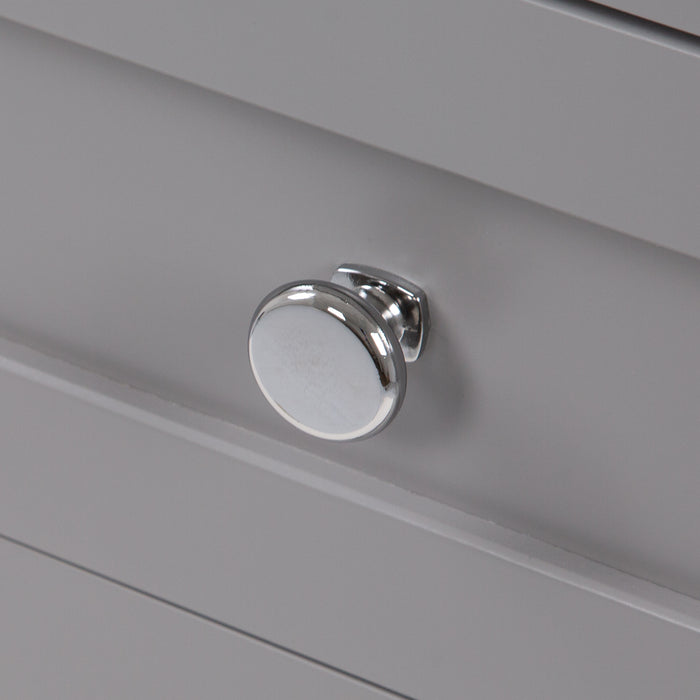 Polished chrome hardware on Elvet 49 in gray bathroom vanity with 6 drawers, cabinet, open shelf, granite-look sink top