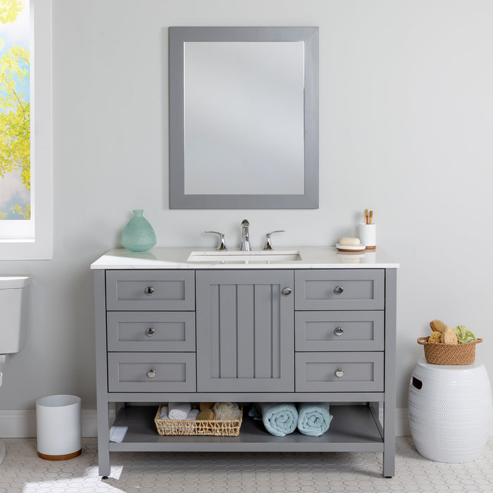 Elvet 49 in gray bathroom vanity with 6 drawers, cabinet, open shelf, granite-look sink top installed in bathroom