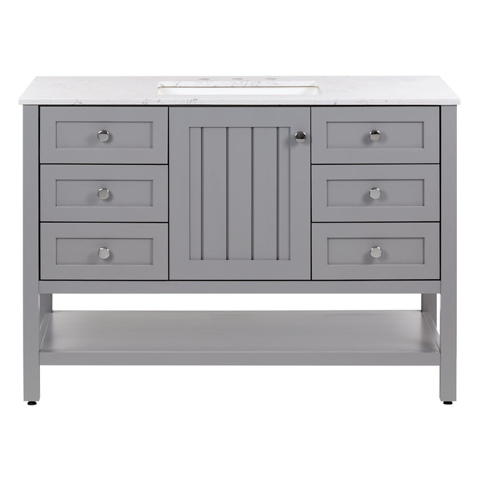 Elvet 49 in gray bathroom vanity with 6 drawers, cabinet, open shelf, granite-look sink top