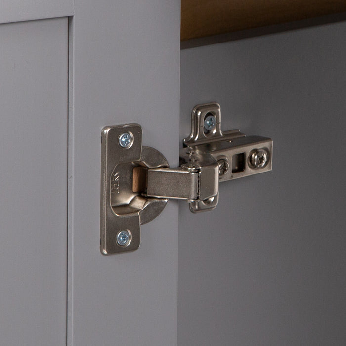 Adjustable hinge on Elvet 49 in gray bathroom vanity with 6 drawers, cabinet, open shelf, sink top