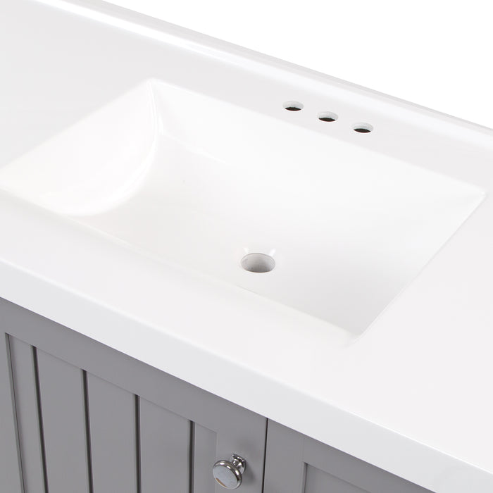 Predrilled sink top on Elvet 49 in gray bathroom vanity with 6 drawers, cabinet, open shelf, sink top