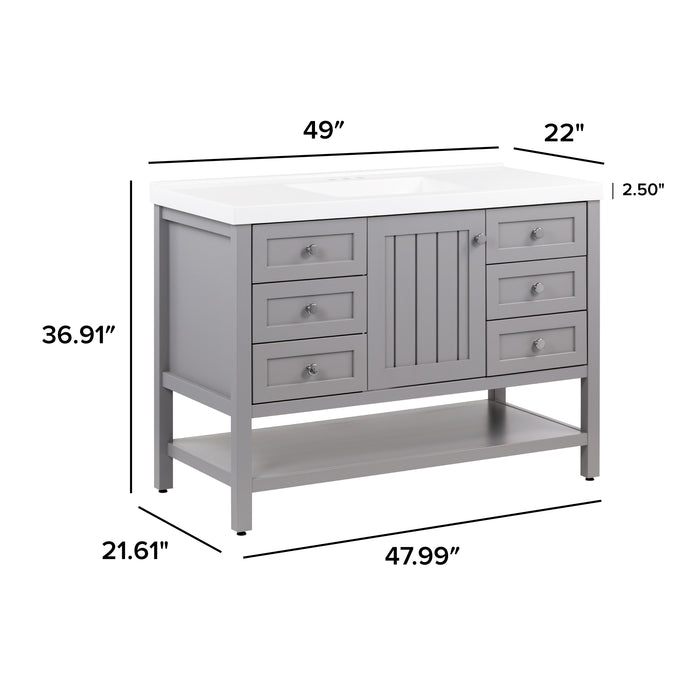 Measurements of Elvet 49 in gray bathroom vanity with 6 drawers, cabinet, open shelf, sink top: 49 in W x 22 in D x 36.91 in H