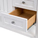 Open drawer of Elvet 49 in white bathroom vanity with 6 drawers, cabinet, open shelf, white vanity top 