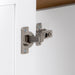 Adjustable hinge on Elvet 49 in white bathroom vanity with 6 drawers, cabinet, open shelf, white vanity top 
