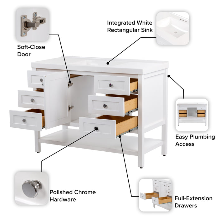 Features of Elvet 49 in white bathroom vanity with 6 drawers, cabinet, open shelf, white vanity top 