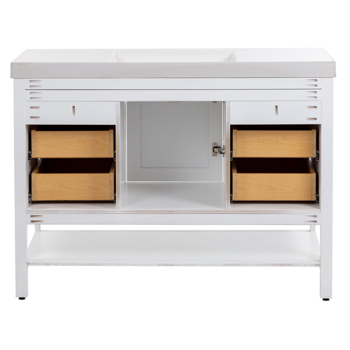 Open back of Elvet 49 in white bathroom vanity with 6 drawers, cabinet, open shelf, white vanity top 