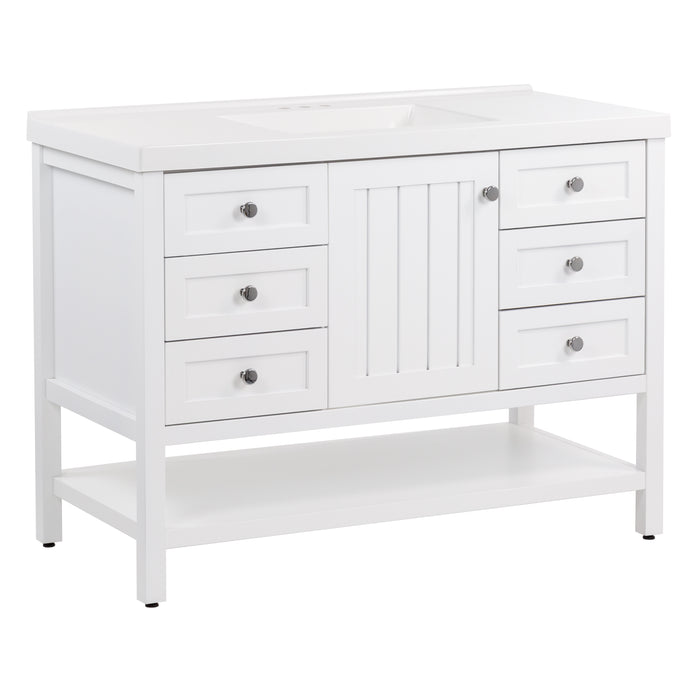 Angled view of Elvet 49 in white bathroom vanity with 6 drawers, cabinet, open shelf, white vanity top 