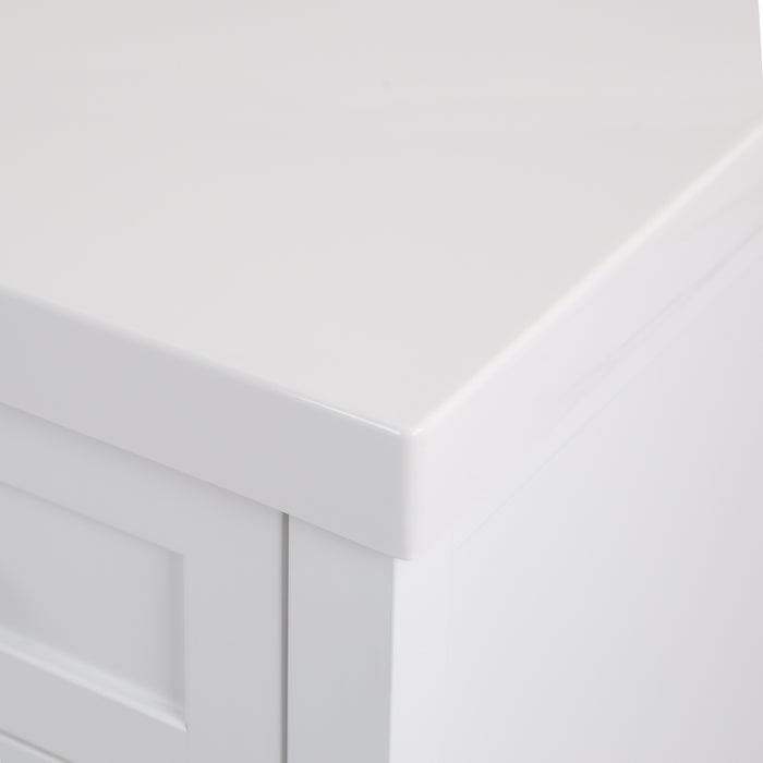 Countertop closeup of Elvet 49 in white bathroom vanity with 6 drawers, cabinet, open shelf, white vanity top 