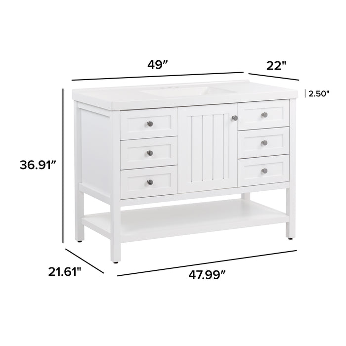 Measurements of Elvet 49 in white bathroom vanity with 6 drawers, cabinet, open shelf, white sink top: 49 in W x 22 in D x 36.91 in H