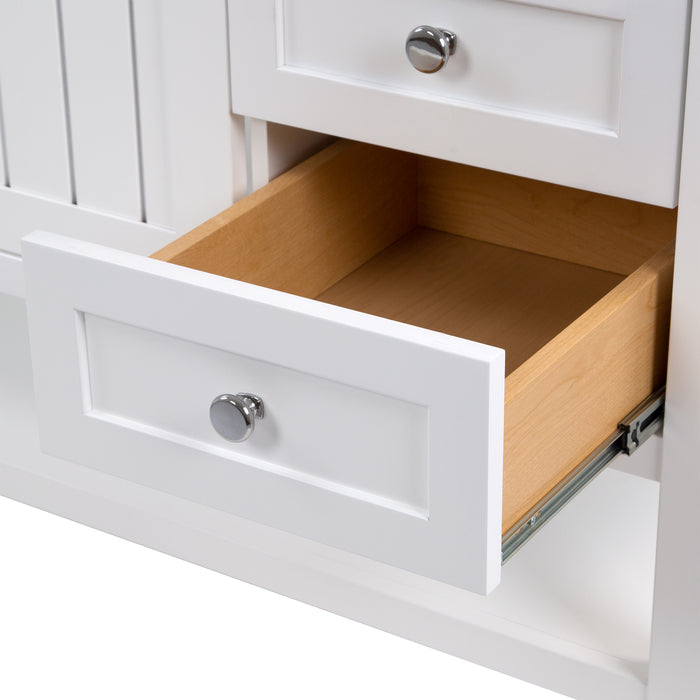 Open drawer on Elvet 49 in white bathroom vanity with 6 drawers, cabinet, open shelf, vanity top 