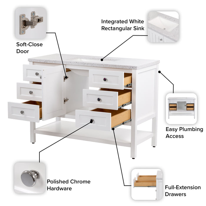 Features of Elvet 49 in white bathroom vanity with 6 drawers, cabinet, open shelf, granite-look sink top