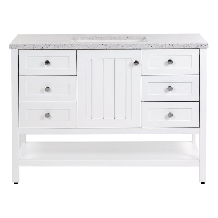 Elvet 49 in white bathroom vanity with 6 drawers, cabinet, open shelf, granite-look sink top