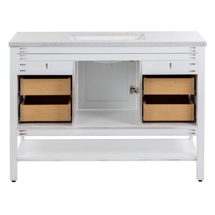 Open back of Elvet 49 in white bathroom vanity with 6 drawers, cabinet, open shelf, granite-look sink top