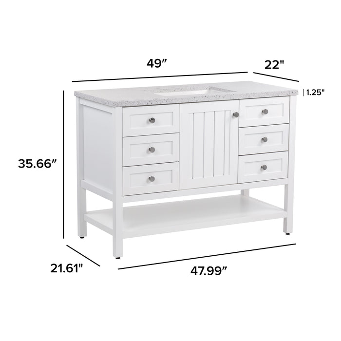 Measurements of Elvet 49 in white bathroom vanity with 6 drawers, cabinet, open shelf, granite-look sink top: 49 W x 22 D x 35.66 H