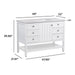 Measurements of Elvet 49 in white bathroom vanity with 6 drawers, cabinet, open shelf, granite-look sink top: 49 W x 22 D x 35.66 H