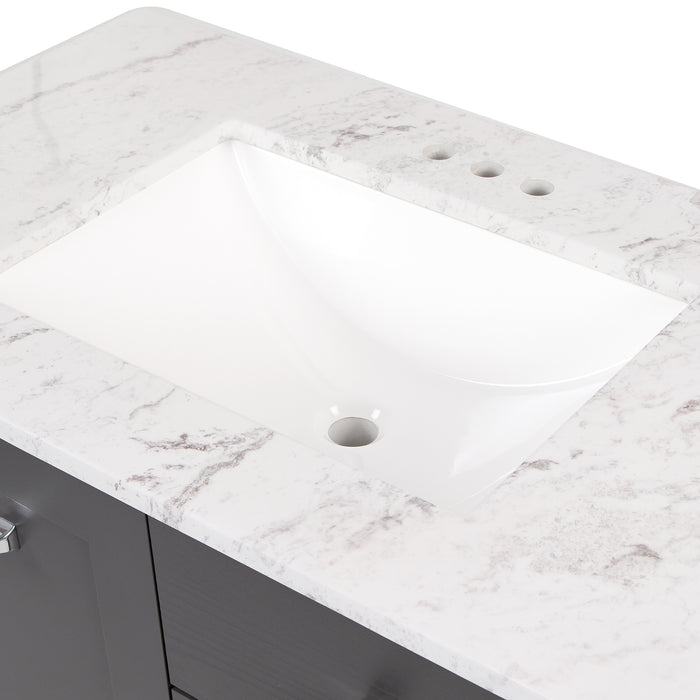 Clooseup of sink on Fordwin 37 in furniture-style gray vanity with granite-look sink top, 2 drawers, cabinet