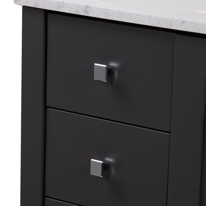 Edge profile of Fordwin 43 in furniture-style gray vanity with granite-look sink top, 6 drawers, cabinet